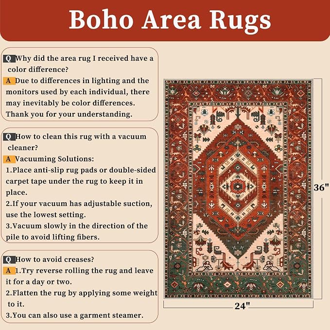 SERISSA Boho Rugs for Entryway, 2x3 Washable Non-Slip Rug Small Area Rug, Ultra Soft Oriental Vintage Terracotta Green Low-Pile Indoor Door Mat Floor Carpet for Entrance Bedroom Kitchen Bathroom