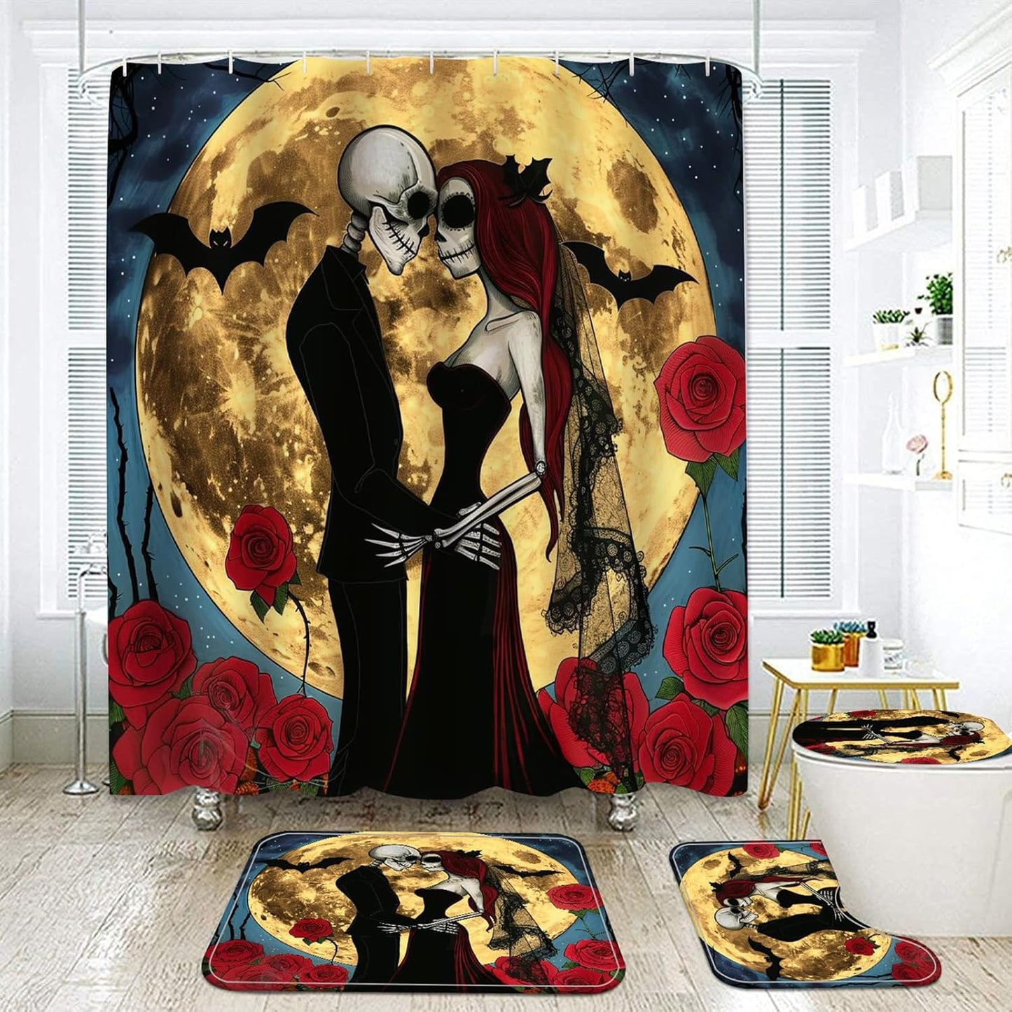 NEWSUYAA Halloween Decorations Shower Curtain Set with Non-Slip Rugs and Bath Mats,Black Skull Skeleton Bathtub Curtains with 12 Hooks,All Saints'Day (Nov 1st) Bathroom Decor