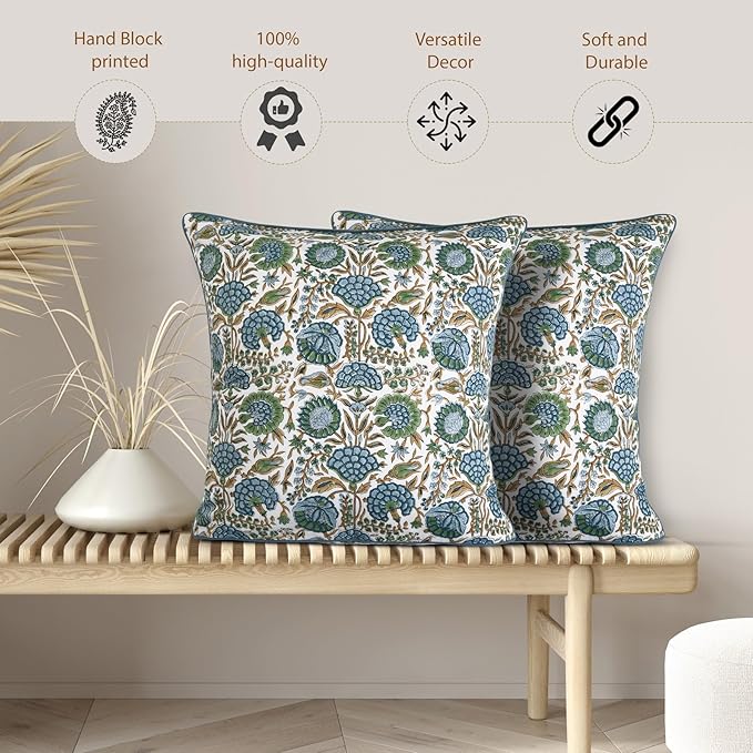 Ridhi Block Print Asparagus Green Pillow Cover 16" x 16" (Pack of 2) Decorative Couch Pillows for Living Room, Chic Boho Cute Outdoor Pillows Covers Gifts for Spring, Easter and Valentine