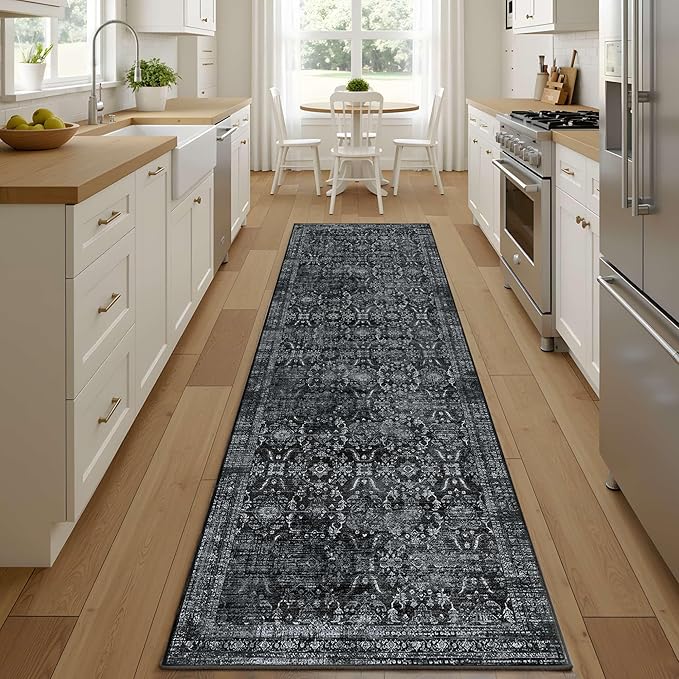 Rugxara 2'6''x8' Runner Rug, Washable Kitchen Rugs, Black Boho Vintage Floral Hallway Runner, Non Slip Low Pile Area Rug Carpet for Hallway, Kitchen, Laundry Room and Bathroom(Black 2.6x8ft)