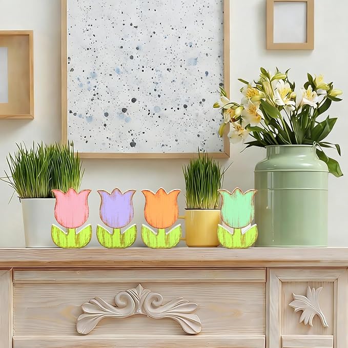 Whaline 4 Pcs Spring Tulip Flower Wooden Table Sign Tabletop Centerpiece Rustic Pastel Colorful Floral Tiered Tray Decor for Party Home Farmhouse Decoration