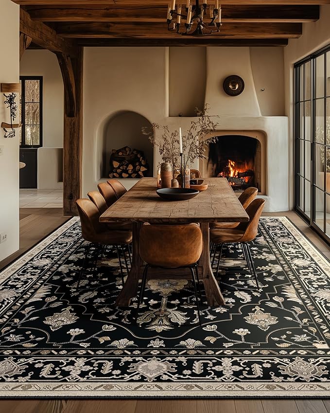 RELEANY Area Rugs 10'x14' Washable Non-Slip, Floral Vintage Distress Print Pattern Medallion Carpet for Living Room Bedroom Dining Room, Black Brown Neutral Dark Tan