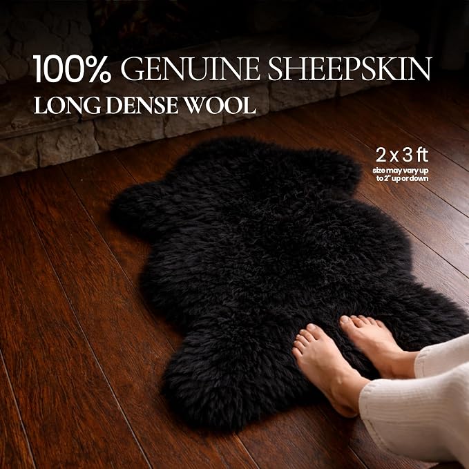 Genuine Sheepskin Rug 2x3 Ft – Soft & Fluffy Single Pelt Black Lambskin – Area Rug or Chair Cover Throw – Made in Argentina