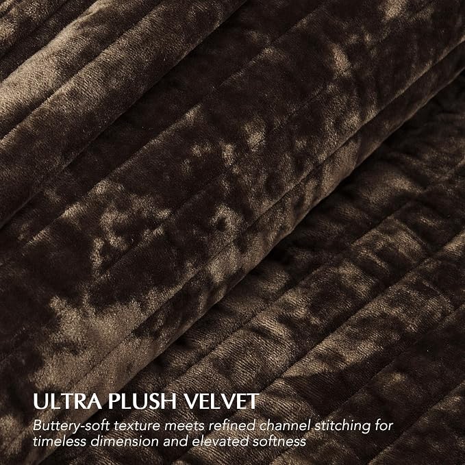 EVERGRACE Velvet Quilt Set California King 118'' x 106'', Luxurious Soft Striped Channel Bedding Set, Lightweight Velvet Comforter for All Season, Oversized Bedspread Coverlet w/ 2 Shams, Walnut Brown
