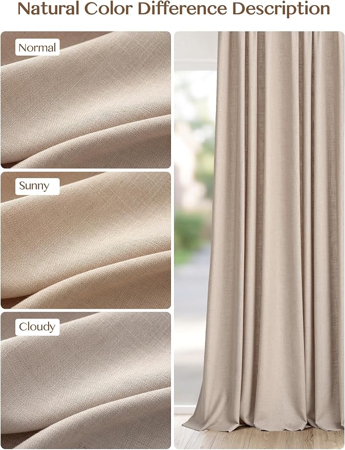 THREE GIRLS Liz Pinch Pleated Linen Curtains Light Filtering Curtains for Living Room, Farmhouse Window Curtains for Bedroom, Modern Drapes with Hooks and Rings, 95 Inches Long, Tapioca, 2 Panels Set