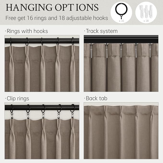 102 Inch Long Curtains Thick Linen Curtain for Living Room Bedroom Burlap Taupe Back Tab Rustic Farmhouse Pinch Pleated Drapes with Hooks Rings Light Filtering Semi Sheer for Sliding Door 2 Panels