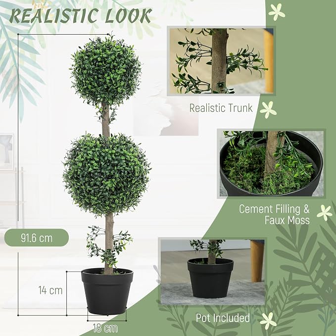 HOMCOM Artificial Plants Topiary Ball-Shaped Boxwood Trees in Pot Set of 2 Fake Plants for Home Indoor Outdoor Front Porch Decor, 36 Inch, Green