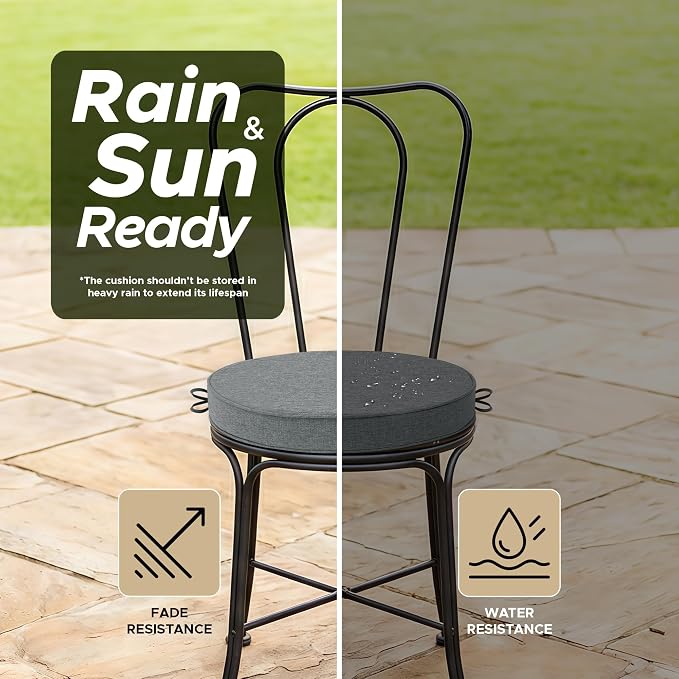 Outdoor Round Chair Cushions 18 Inch, Fade-Resistant & Water-Resistant, Bistro Chair Seat Pads for Porch Garden Balcony Patio Furniture Stools, Non-Slip Bottom, Set of 2, Dark Grey