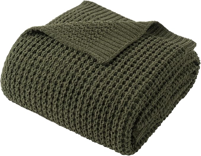 Bunnikins & Clover Olive Green Throw Blanket for Couch, Waffle Knit Blanket Throw, Super Soft Warm Dark Green Throw Blanket for Home Decor,Sofa and Living Room, 50"x60"