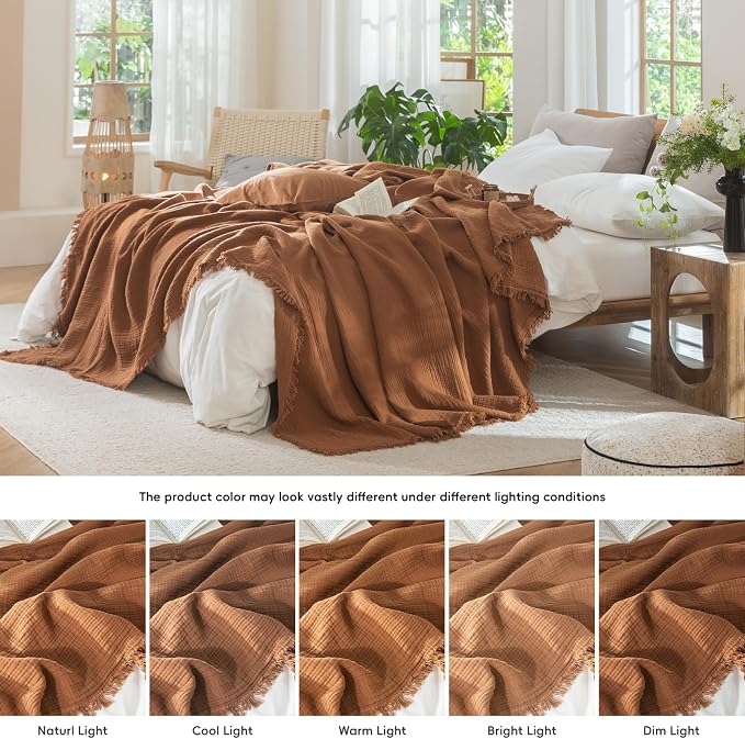MooMee Muslin Blanket - 100% Cotton 4-Layer Gauze Throw Blanket with All-Around Fringe, Soft Breathable Lightweight Cooling Summer Blankets for Bed Couch (Drak Orange,Oversize Queen 98" x 98")
