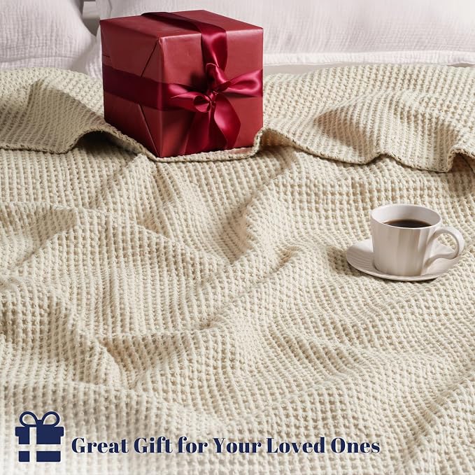 PHF Pre-Washed 100% Cotton Waffle Weave Blanket Queen Size for Bed,Snag Proof Throw Blanket for Couch Spring Summer Lightweight Breathable,Machine Washable, Home Decor Gift - Linen/Stone