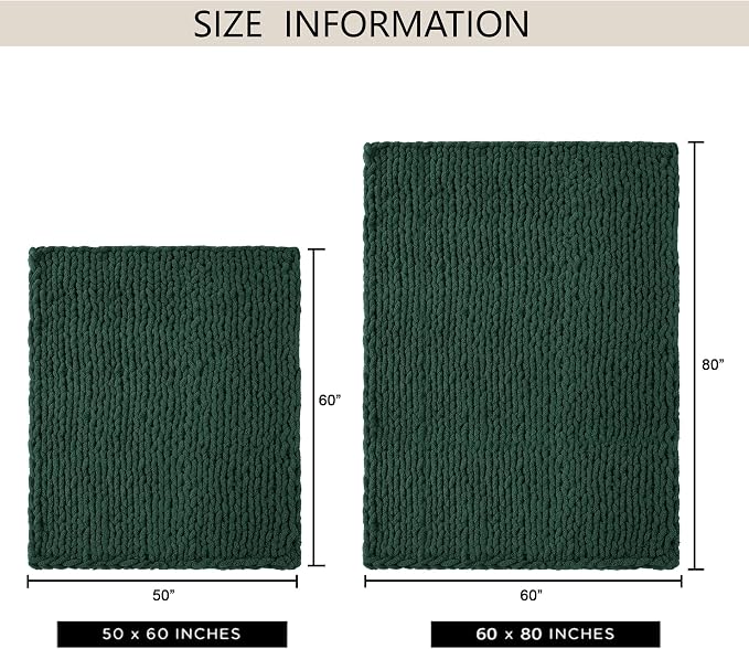 Chunky Knit Throw Blanket 50x60, 100% Handmade Chenille Yarn | 4.4lbs Soft Thick Cable Knitted Blankets, Large Rope Knot Crochet Throws for Couch Sofa Bed Christmas Fall Decor, Dark Green