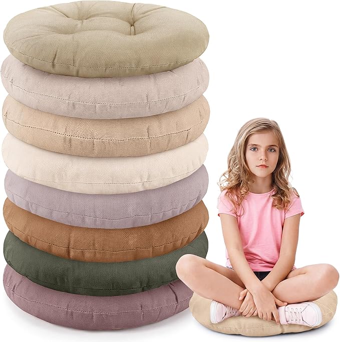 Fumete 8 Pcs 16 Inch Floor Cushions Pillow for Kids Bulk Classroom Round Flexible Seating Floor Cushions for Students Home Daycare School Reading Corner Yoga Meditation Picnic (Earth Tone)