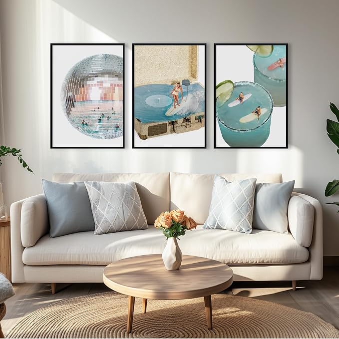 Blue Coastal Groove Wall Art Retro Disco Beach Canvas Poster Summer Surf Wall Decor Trendy Coastal Pictures Ocean Painting Preppy Aesthetic Prints Funky Artwork for Girls Bedroom 12x16 Inch Unframed