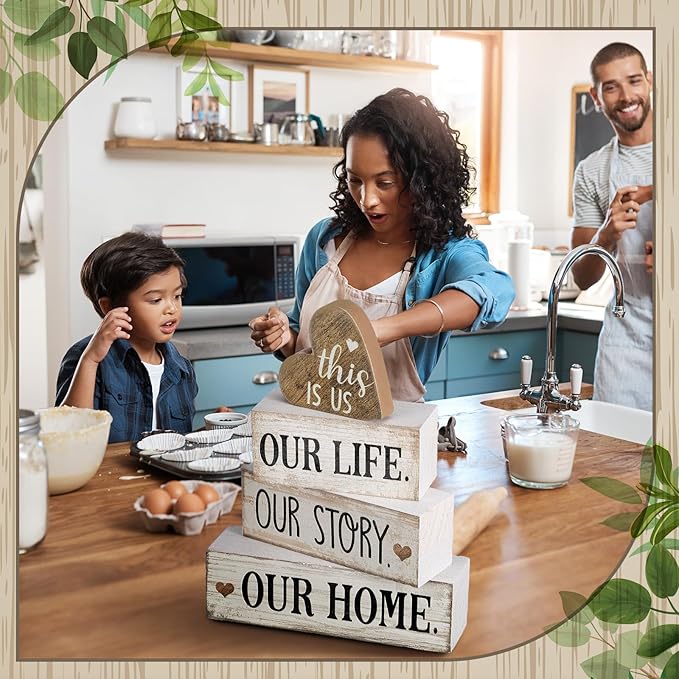 Conelist 4 Pcs Farmhouse Wooden Heart Tabletop Decor Farmhouse Tiered Tray Decor This is Us Centerpiece Decorative Rustic Our Home Block Sign Gift for Home Table Kitchen Shelf Decoration