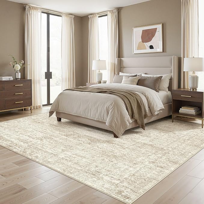 UERMEI Square Area Rugs : Washable 8x8 Neutral Modern Abstract Carpet for Living Room Bedroom - Soft Floor Mat with Non Slip Backing for Kitchen Nursery Dorms Farmhouse Home Decor - Beige/Brown