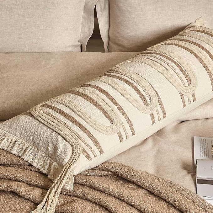 Beige Boho Lumbar Pillow Cover 14x36 with Handmade Drawn Work | Modern Farmhouse Long Lumbar Decorative Pillows Cushion Case for Bed Couch Accent Decor