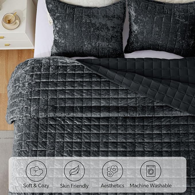BEDELITE Velvet Quilt Set Queen Size - Luxury Soft Velvet Comforter Bedding Set for All Season, Lightweight Quilted Box Stitch Oversized Bedspread Coverlet with 2 Matching Shams, Shiny Black
