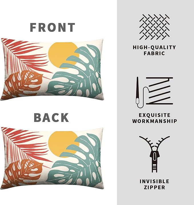Set of 2 Summer Tropical Leaves Lumbar Throw Pillow Covers Palm Banana Leaf Pillow Covers 12x20 Abstract Sun and Monstera Leaf Cushion Case for Sofa Patio Indoor Outdoor Decor