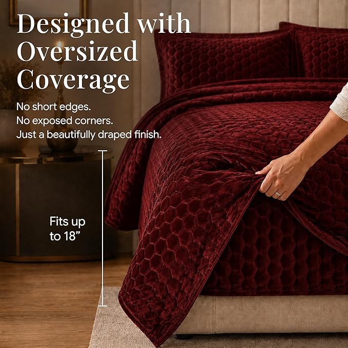Tribeca Living Lugano Oversized Velvet Quilt and Sham Set | All Season, Extra Large, 3 Piece Velvet Queen Quilt Set with 2 Pillow Shams in Burgundy Honeycomb Pattern 260 GSM