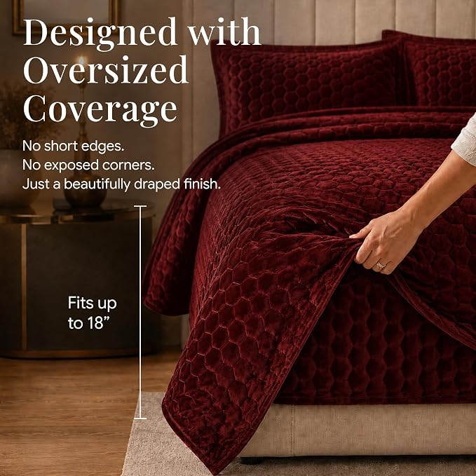 Tribeca Living Lugano Oversized Velvet Quilt and Sham Set - All Season, Extra Large, 3 Piece Velvet King Quilt Set with 2 Pillow Shams in Burgundy Honeycomb Pattern 260GSM