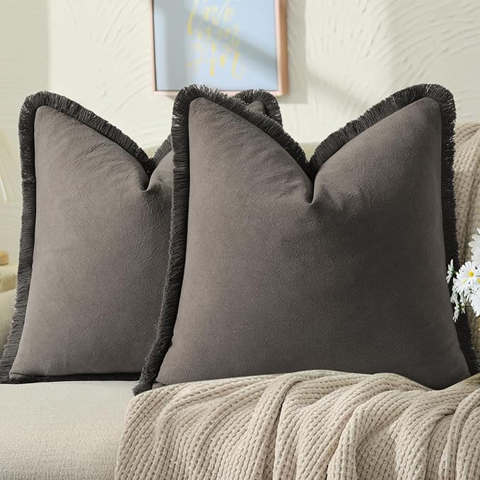 ZWJD Pillow Covers 26x26 Set of 2 Dark Gray Throw Pillow Covers with Fringe Chic Cotton Decorative Pillows Square Cushion Covers for Sofa Couch Bed Living Room Farmhouse Boho Decor