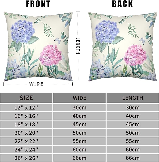 Watercolor Sping Flower Throw Pillow Covers Set of 2 Blue and Pink Hydrangea Pillow Case 24x24 Summer Floral Butterfly Cushion Case for Indoor Outdoor Patio Car