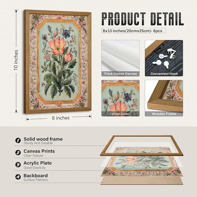Indian Wall Art Vintage Floral Canvas Poster India Wall Decor Folk Flower Prints Scandinavian Pictures Antique Botanical Painting Gallery Artwork for Bedroom Living Room 8x10x6 Inch Wood Framed