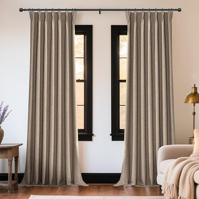 Joydeco Thick Linen Pinch Pleated Curtains 90 Inch Long 2 Panel Set for Living Room, Double-Faced Curtain for Bedroom, Back Tab Blackout Drapes with Adjustable Hooks (40”W x90”L, Thick Linen)
