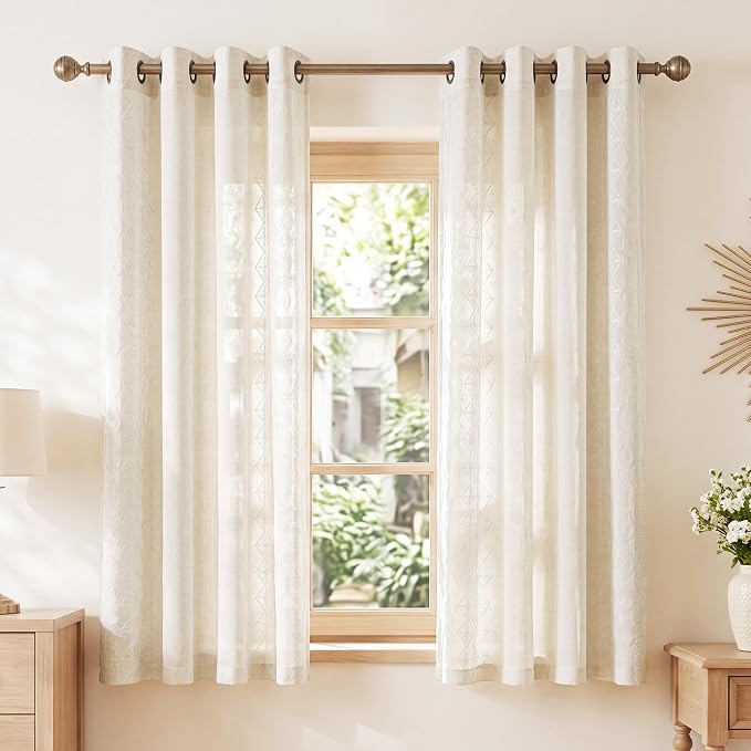 NICETOWN Embroidery Trim Linen Blended Curtains, W52 x L63, 2 Pcs | Ivory White and Cream, Bronze Grommet Top, Semi Sheer, View Block, For Nursery Window