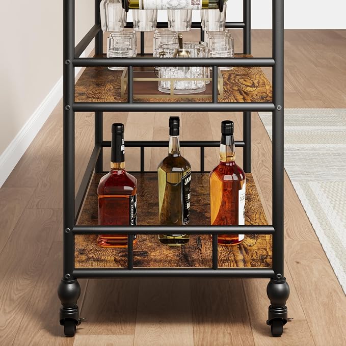 Garvee Bar Cart with Wheels, 3-Tier Rolling Serving Cart with Removable Tray, Mobile Kitchen Beverage Cart with Wine Rack & Glass Holder, Retro Roman Column Design, 35.4 x 15.7 x 34.1 Inches, Brown