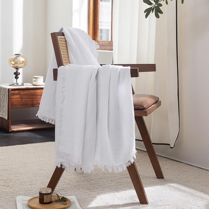 FOSSA Muslin Blanket 4-Layer 100% Cotton Gauze Blanket with Fringe 90"x90" | Super Soft Breathable Lightweight All Season & Decorative Blanket or Bed, Sofa, Office (Bright White,Queen)