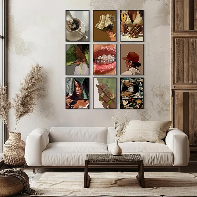 Black Woman Wall Art African American Canvas Wall Decor Black Girl People Poster Fashion Women Pictures Abstract Female Painting Boho Prints Urban Artwork for Bedroom Bathroom 12x16x9 Inch Unframed