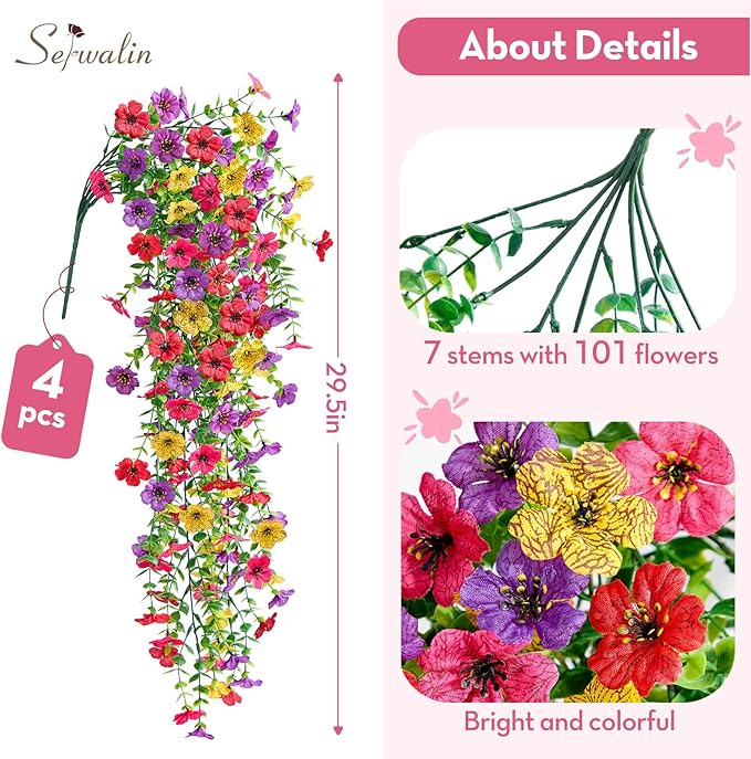 Serwalin Artificial Hanging Flowers for Outdoors, 4PCS UV Resistant Fake Hanging Plants with 101 Blooms, Realistic Weatherproof Outdoor Decor for Patio, Porch, Garden & Window (Summer Colors)