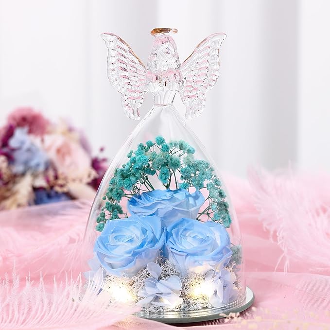 Mothers Day Rose Gifts for Women Preserved Real Flower in Glass Angel Figurines Roses for Delivery Prime Birthday Gifts for Mom Grandma Girlfriend Wife Her, Sky Blue White