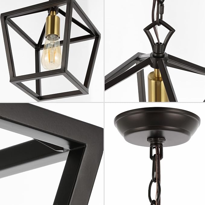 JONATHAN Y 8" Oil Rubbed Bronze/Brass Gold Lantern Pendant Light, 1-Light Pagoda Style Metal Cage Farmhouse Hanging Ceiling Fixture for Kitchen Island, LED Bulb Included (JYL7618C)