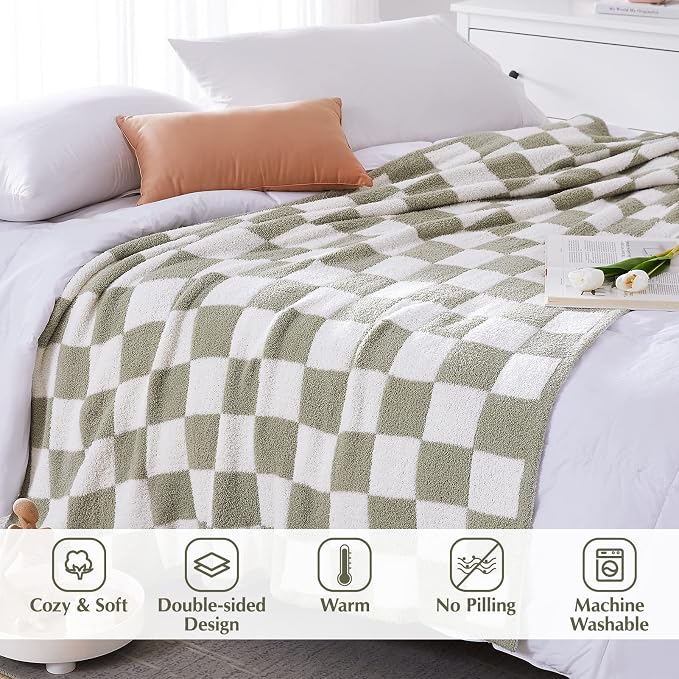 WRENSONGE Soft Checkered Throw Blanket for Couch-Cozy Warm Knitted Blankets | Lightweight Warm Fluffy Decor for Women, Mom, Her & Girls, Sofa, Chair, Bed, 50x60in, Sage Green