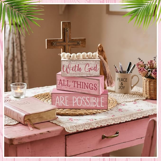 Yuntau 4 Pcs Farmhouse Wooden Tabletop Decor Farmhouse Tiered Tray Decor Rustic Retro Decorative Books Wood Bead Garland with God All Things are Possible Block Centerpiece Sign for Home Shelf Mantle