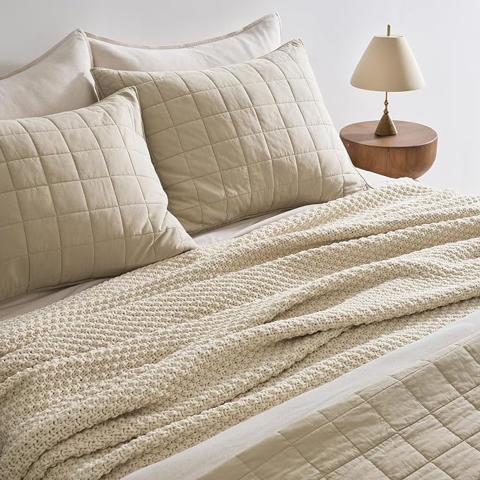 EVERGRACEHOME Chunky Chenille Knit Throw Blanket for Couch, Soft Luxurious Oversized Queen Moss Stitch Blanket for Bed, Cozy Farmhouse Knitted Throw for Sofa, Beige, 90" x 90"
