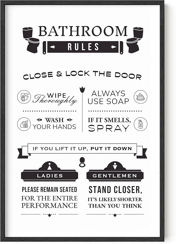 HAUS AND HUES Funny Bathroom Rules Wall Art – Toilet Rules Poster, Humorous Bathroom Sign, Funny Wall Decor for Restroom or Guest Bath (24x36, Unframed)