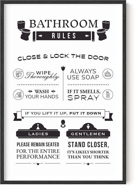 HAUS AND HUES Funny Bathroom Rules Wall Art – Toilet Rules Poster, Humorous Bathroom Sign, Funny Wall Decor for Guest Bath or Restroom (24x36, Black Frame)