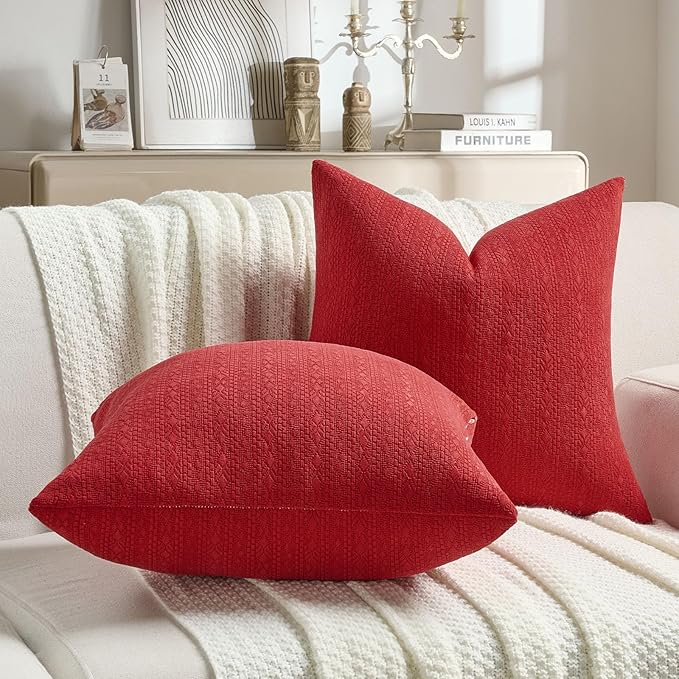 FUTEI Red Chenille Throw Pillow Covers 20x20 Inch Set of 2,Soft Striped & Diamond Textured Cushion Cases,Modern Home Decor for Couch Living Room