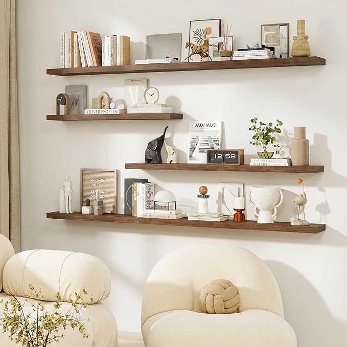 Dreamland 72Inch Floating Shelves for Wall, Rustic Wooden Walnut Floating Shelves for Living Room, Kitchen, Farmhouse, Deep Wall Mounted Book Shelf, Wood Storage Display Shelf for Home Decor, Set of 2