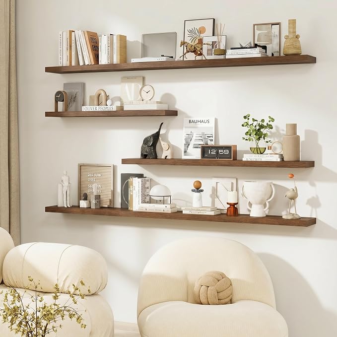 Dreamland Floating Shelves for Wall, Rustic Walnut Floating Shelves for Bathroom|Bedroom|Kitchen, Deep Wall Mounted Book Shelf, Wood Storage Display Shelf for Home Decor, Set of 2