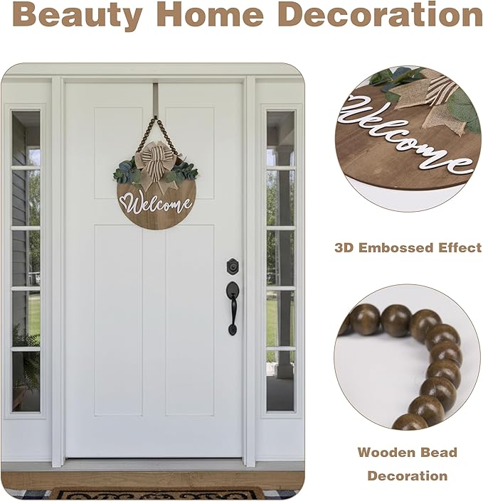 CondorPasea 12 Inch 3D Welcome Sign for Front Door, Round Wooden Welcome Door Sign with Artificial Greenery, Buffalo Plaid Bow & Rustic Beads, Farmhouse Porch Home Decor Gift