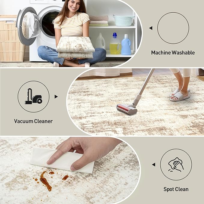 8x10 Area Rugs Washable Rug: Modern Abstract Living Room Rug Soft Anti-Skid Thin Carpet Indoor Floor Non-Shedding Carpets for Bedroom Dining Room Farmhouse Nursery Home Office Beige Grey