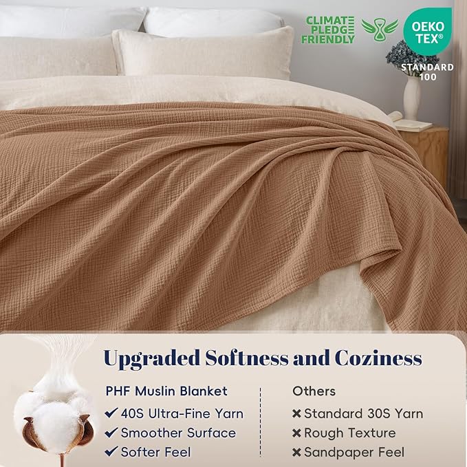 PHF 100% Cotton Muslin Blanket Queen Size 90"x90", 4-Layer Lightweight Gauze Throw, Breathable Cloud-Soft Minimalist Blanket for Bed, Couch, Camping & Baby, Clay, Ideal Gift