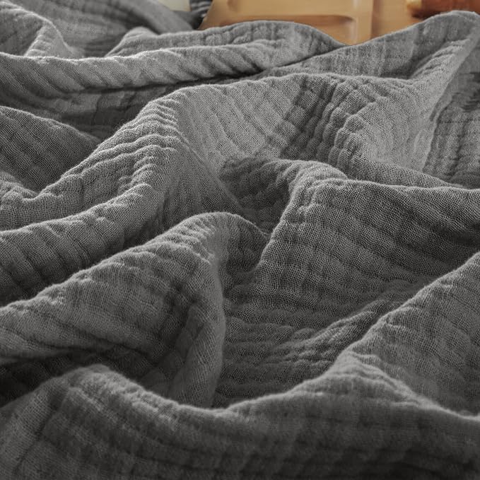 PHF 100% Cotton Muslin Blanket King Size 108"x90", 4-Layer Lightweight Gauze Throw, Breathable Cloud-Soft Minimalist Blanket for Bed, Couch, Camping & Baby, Greyish Black, Ideal Gift