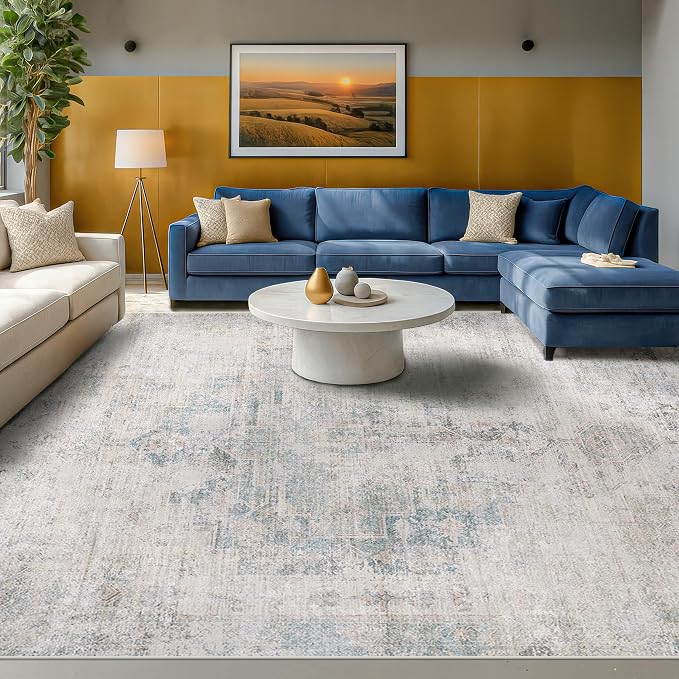 9x12 Washable Area Rug for Living Room, Large Light Blue Vintage Medallion Rug, Non Slip Low Pile Stain Resistant Carpet for Bedroom Dining Room, Soft Distressed Neutral Home Decor