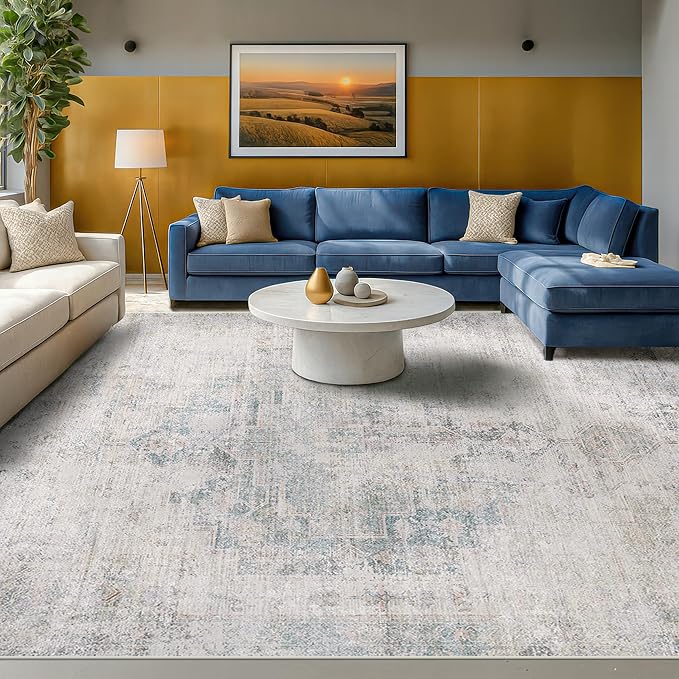 Hazo Haus Light Blue Area Rugs 8x12 for Living Room - Abstract Medallion Blue Gray Rug for Bedroom, Dining Room Under Table, Washable Non Slip, Fade & Stain Resistance